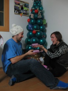 Opening presents under the balloon tree